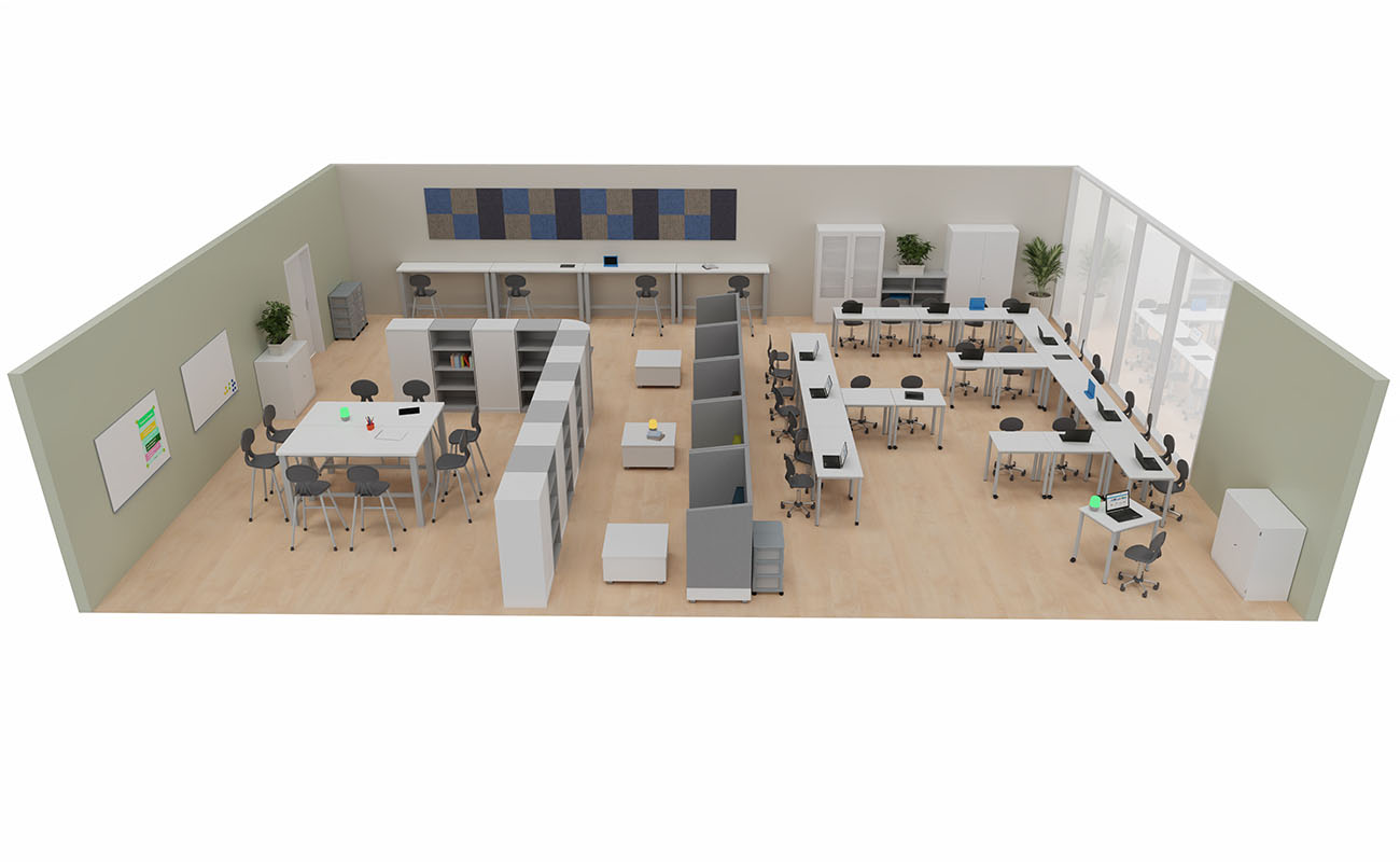 Klassenzimmer Dialogwerkstatt Seitenansicht mit LernFlex modularen Tischen, Xtra Stühlen, Flexeo Regalen, Chillo Schallschutzsofas und essBar Hochtischen