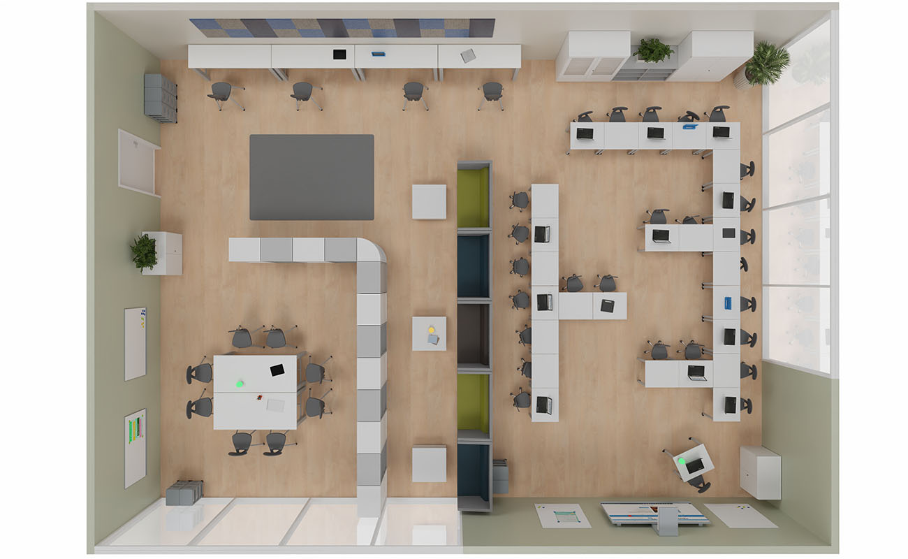 Klassenzimmer Dialogwerkstatt Ansicht von oben mit LernFlex modularen Tischen, Xtra Stühlen, Flexeo Regalen, Chillo Schallschutzsofas und essBar Hochtischen