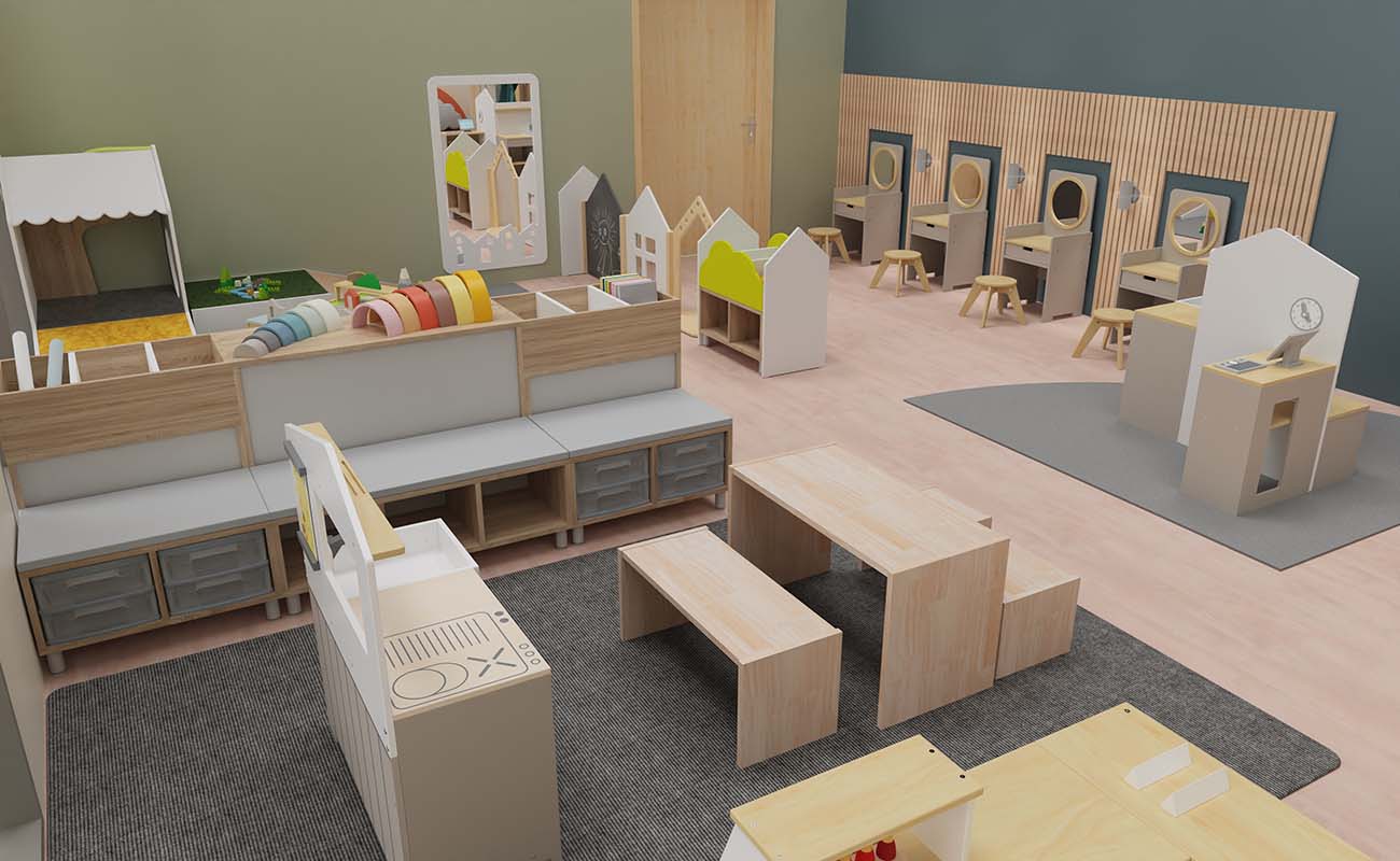 Rollenspielraum Spielerei Ausschnitt mit Betzold Kinderküche mit Kioskfunktion, eduCasa Raumtrennerelementen und Betzold Spiegeltischen