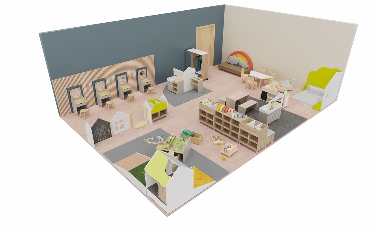 Rollenspielraum Spielerei mit Betzold Spiegeltisch, eduCasa Raumtrennerelementen, Kindersitzgruppe und Bodenspieltisch