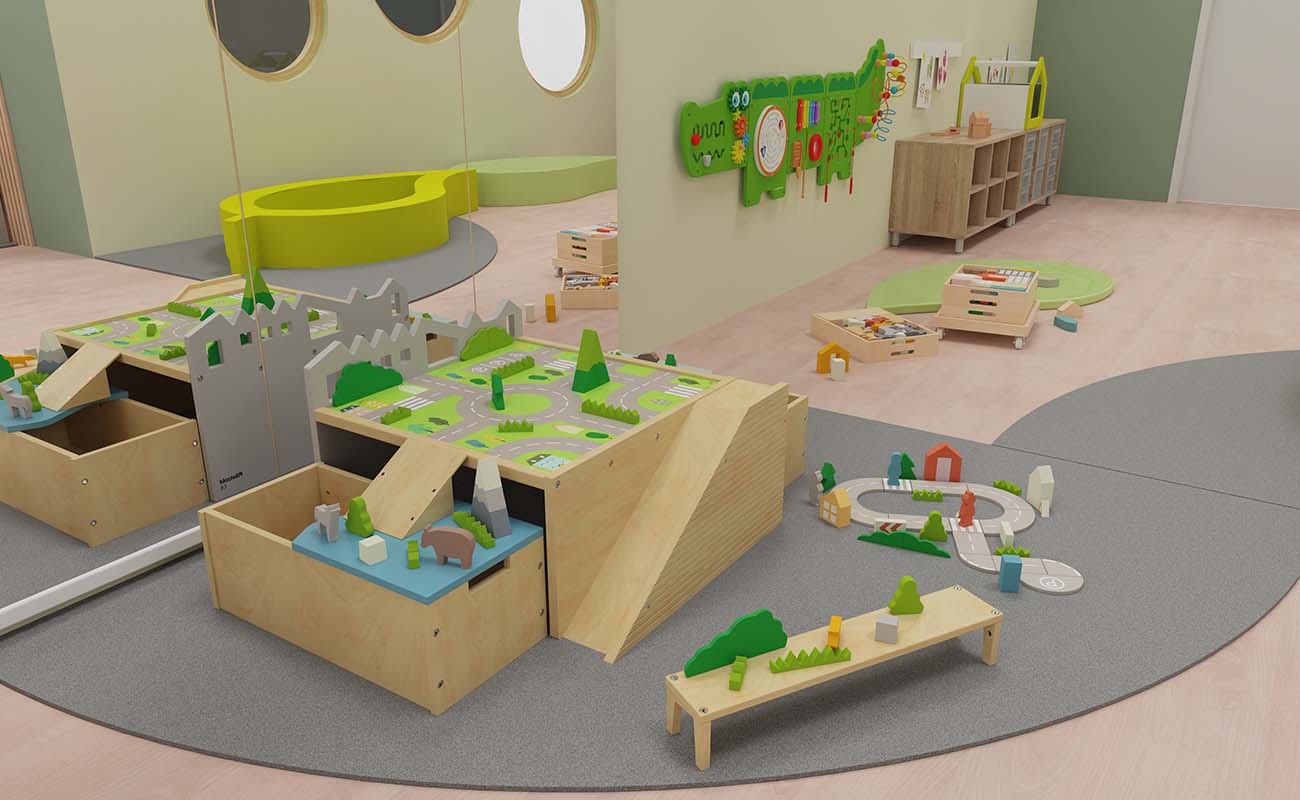 Rollenspielraum Fantasie-Quartier Ausschnitt mit Betzold Bodenspieltisch und Spielwelt-Bausteinwagen
