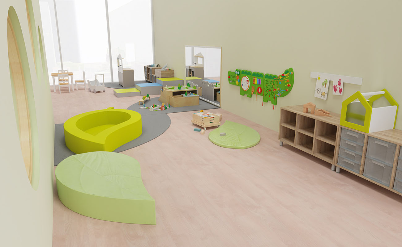Rollenspielraum Fantasie-Quartier Rollenspielraum Fantasie-Quartier Ausschnitt mit Betzold Blattsofa Palinka, Krokodil Wandelement und Betzold Bodenspieltisch