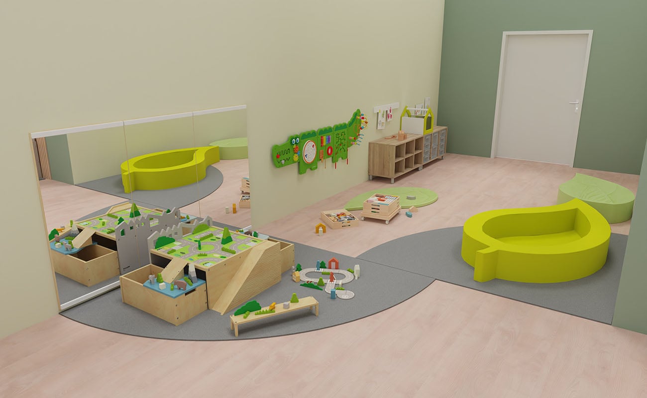 Rollenspielraum Fantasie-Quartier Rollenspielraum Fantasie-Quartier Ecke mit Betzold Bodenspieltisch mit Spielwelt Bausteinwagen, Palinka Blattsofa und Krokodil Wandelement