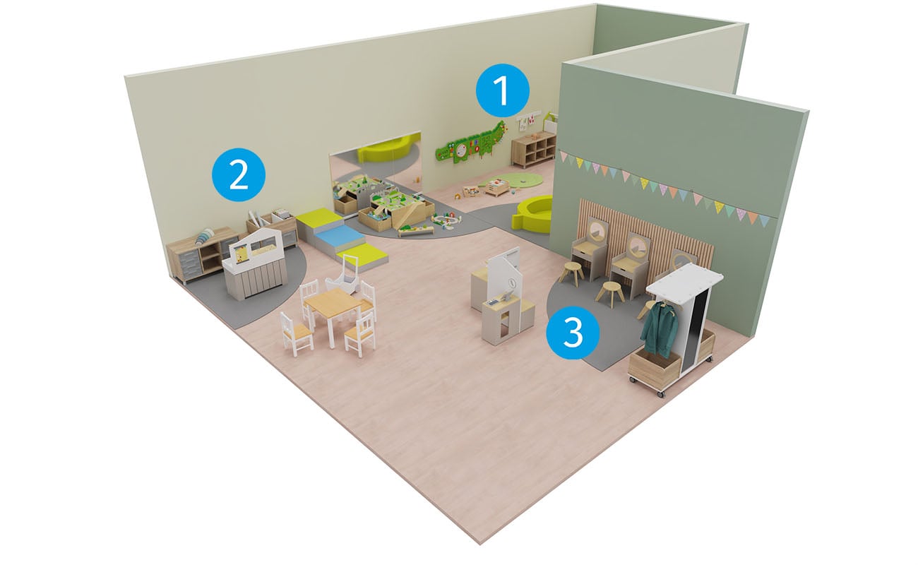 Rollenspielraum Fantasie-Quartier mit ICONS  mit Betzold Palinka Blattsofa, Betzold Spiegeltisch, Krokodilwandspiel und Betzold Kinderküche mit Kioskfunktion