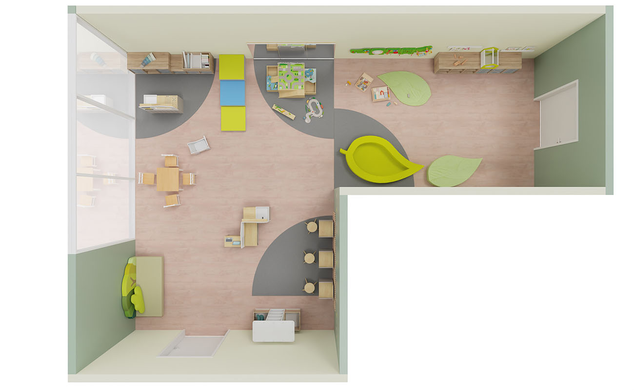 Rollenspielraum Fantasie-Quartier Ansicht von oben  mit Betzold Palinka Blattsofa, Betzold Spiegeltisch, Krokodilwandspiel und Betzold Kinderküche mit Kioskfunktion
