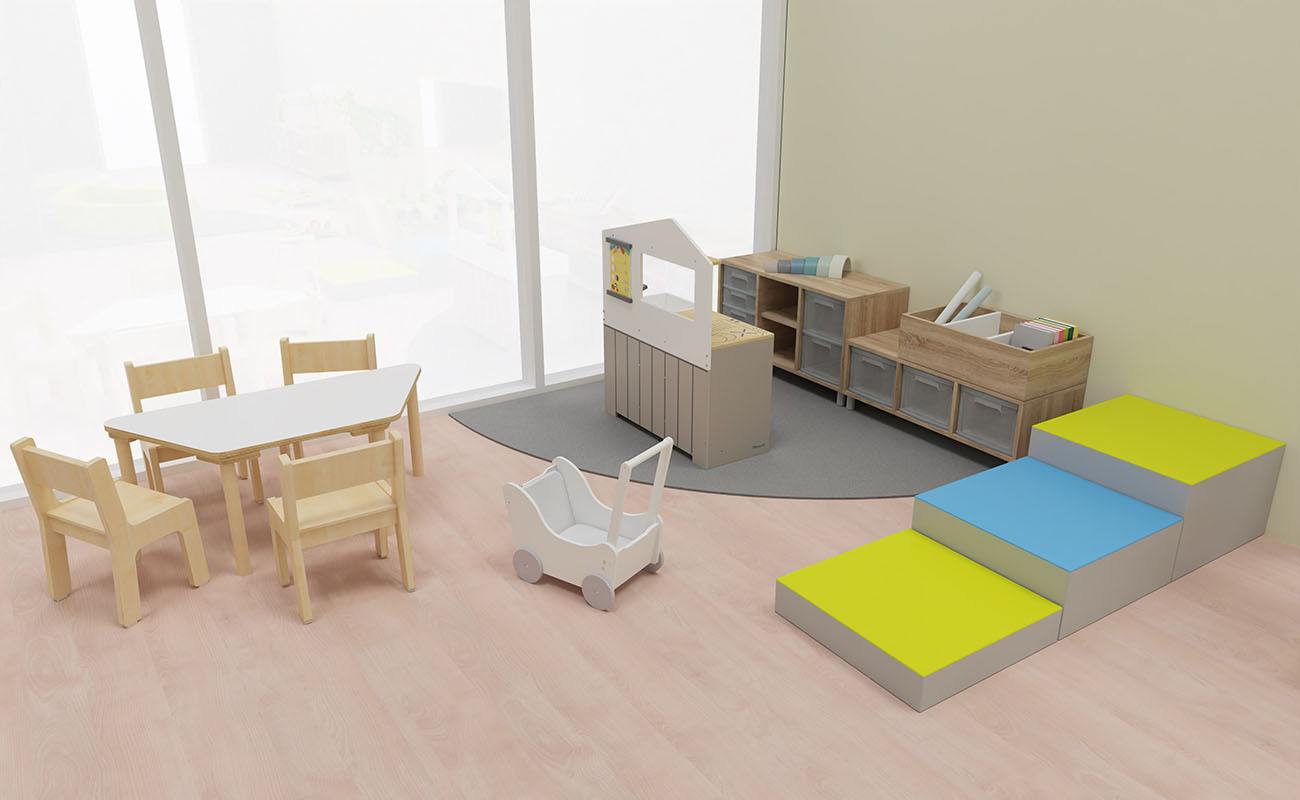 Rollenspielraum Fantasie-Quartier Rollenspielraum Fantasie-Quartier Ecke mit Kinder Sitzgruppe, Schaumpodesten und Betzold Kinderküche mit Kioskfunktion
