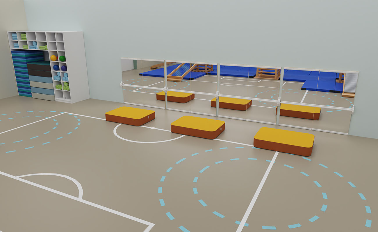 Turnraum Turnraum Ecke mit eduCasa Wandspiegel, Betzold Hüpfpolster und Flexeo Schrank