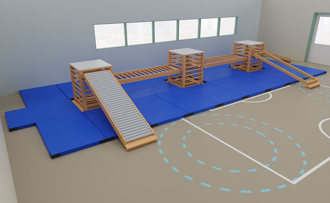 Turnraum Ecke mit Active Kletterturm, Rollrutsche, Kletternetz und Betzold Weichbodenmatten