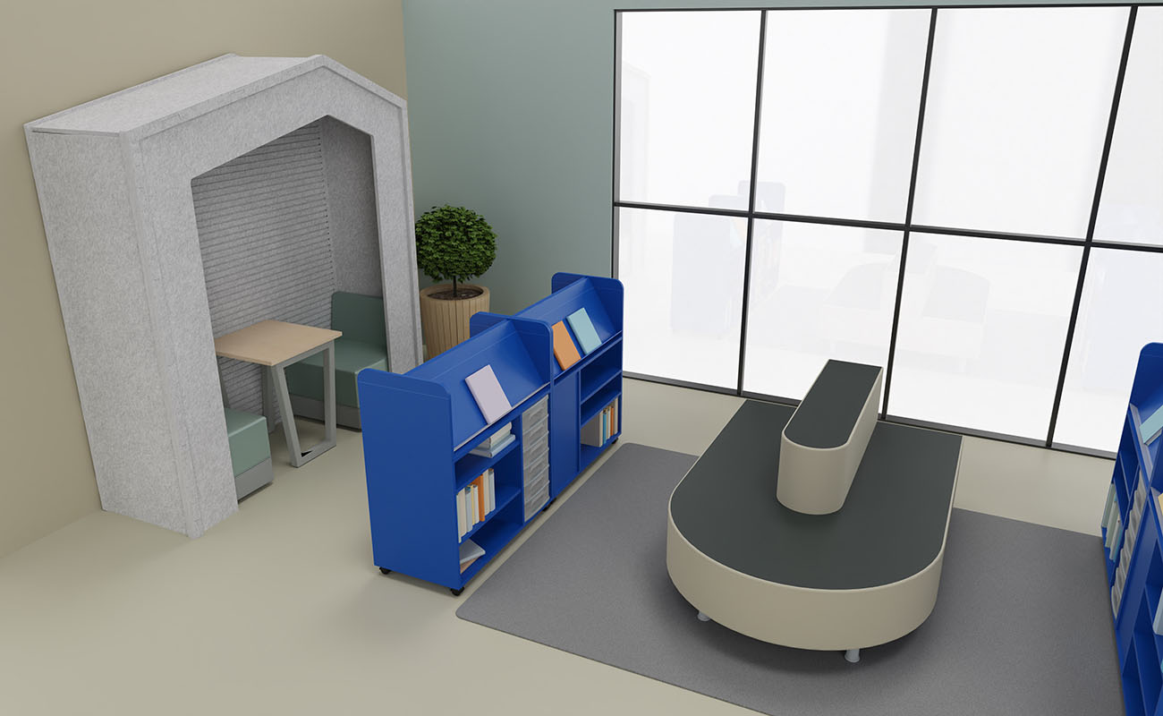 Leselounge Leselounge Ausschnitt mit blauen Flexeo Bücherwagen, Betzold Relaxterminal Endstück und Akustikhaus