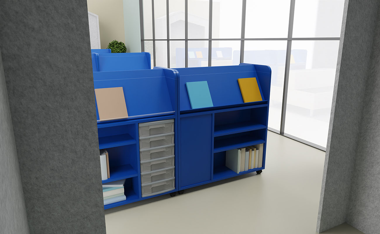 Leselounge Leselounge Ausschnitt aus dem Akustikhaus hinaus auf den blauen Flexeo Bücherwagen