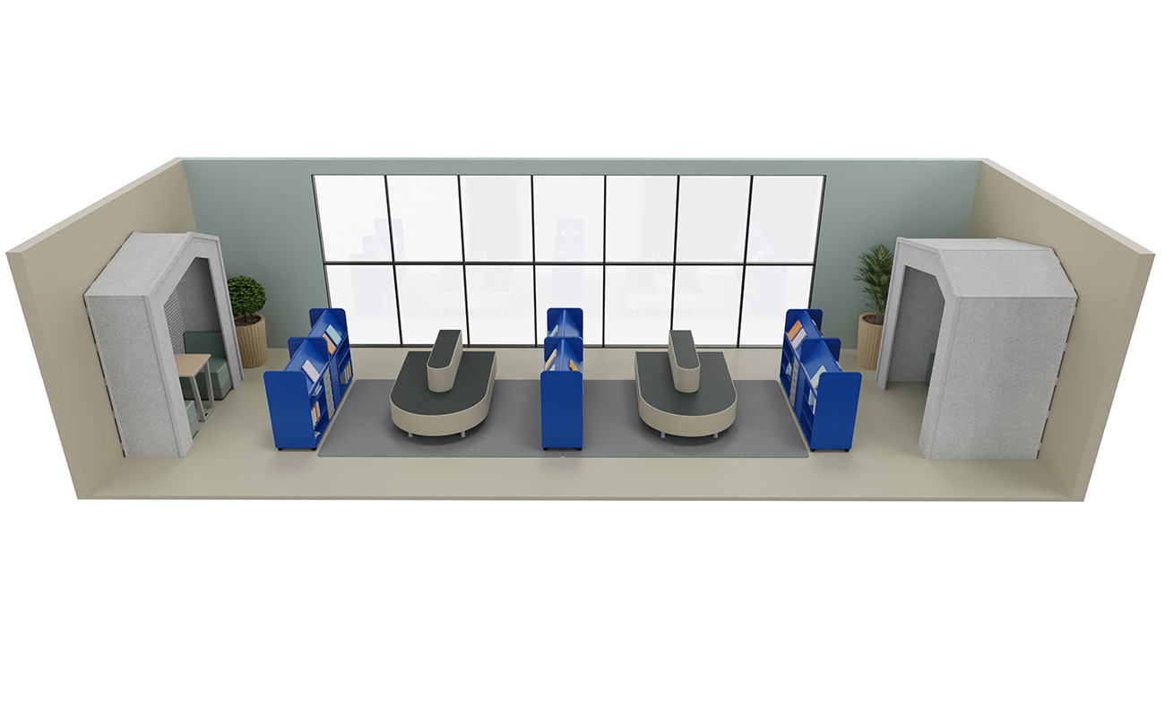 Leselounge Leselounge Seitenansicht mit Akustikhäusern, Betzold Relaxterminal Endstücken und Flexeo Bücherwagen