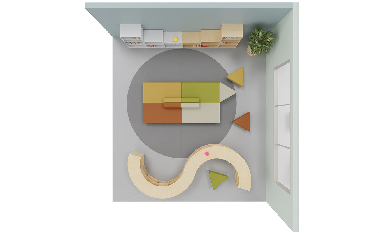Lesenest Leseecke mit Lesetreff Regalen und Betzold Neo Dreieckshockern