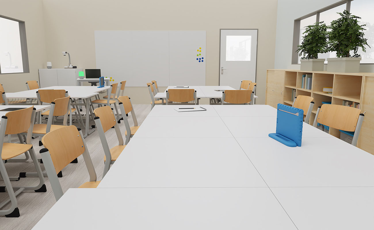 Klassenzimmer Lernraum Klassenzimmer Lernraum Ausschnitt mit Flexeo Regalen, Betzold Swing Tischen und Ecoflex Stühlen