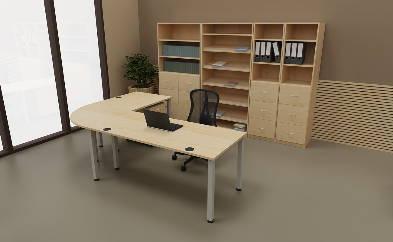 Mittelpunkt der Schule Ecke mit Flexeo Schreibtischlösung und Schrank