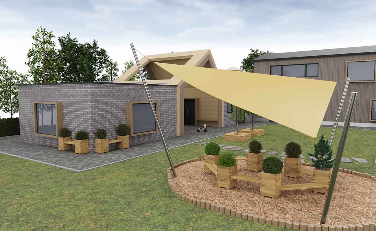 Aussenbereich Entdeckerinsel Ecke mit Sonnensegel und Plantas Sitzbänken