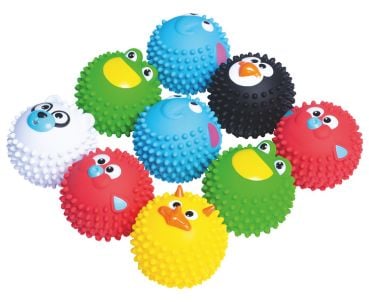 9 Bounce Buddies mit 6 verschiedenen Tiergesichtern auf weissem Hintergrund