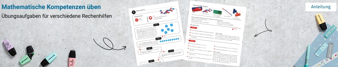 Downloadmaterial für das Rechenmäppchen Banner mit Beispielseiten aus dem Rechenmäppchen-Download auf grauem Hintergrund