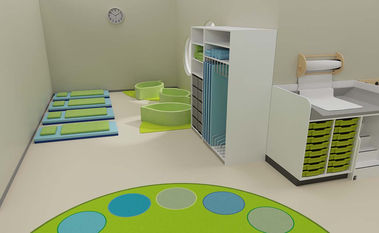 Schlafraum Cocoon Ausschnitt mit Mattenwagen,Schlafblätter, EduCasa Teppich Dots und Wickeltisch mit Treppe
