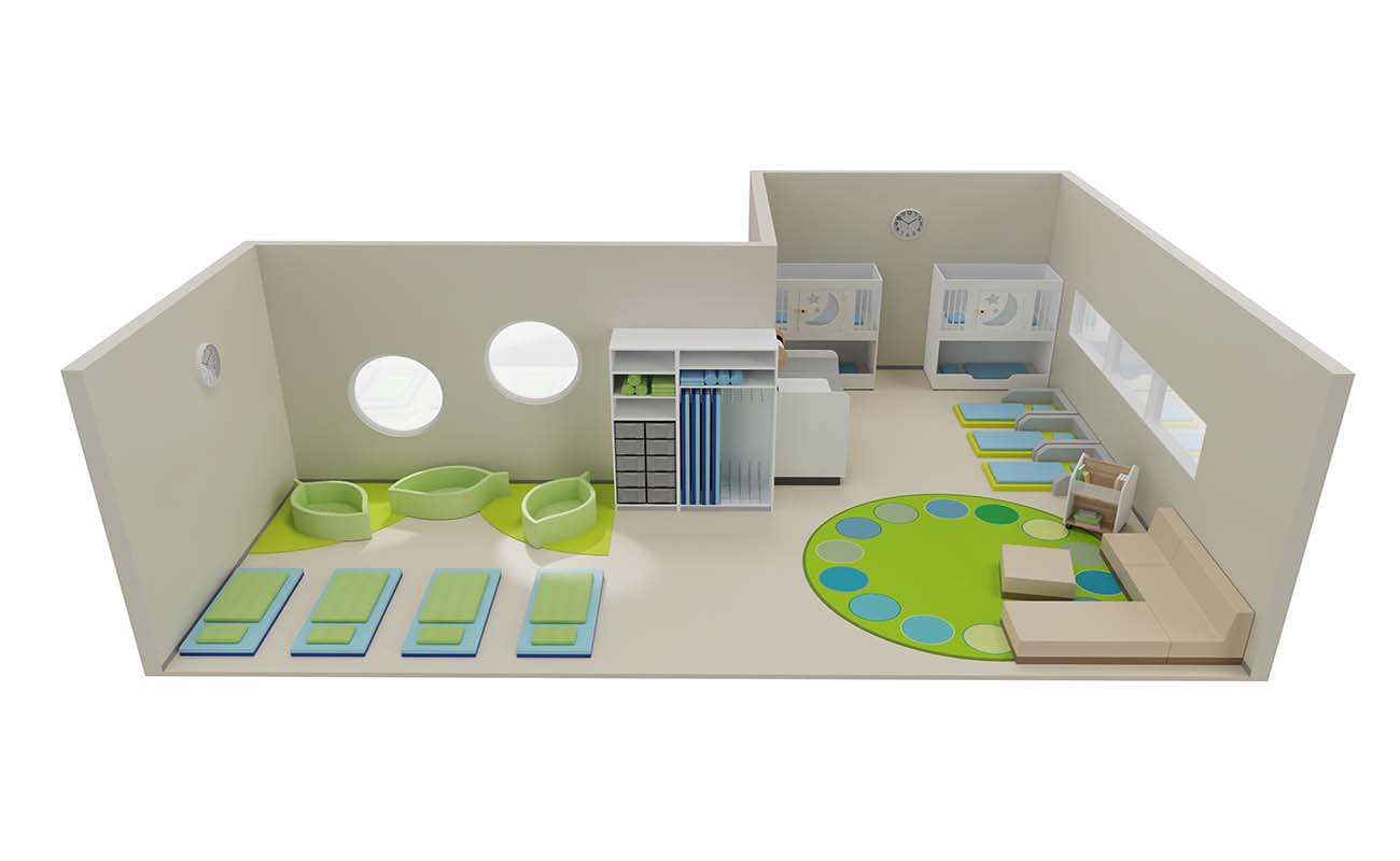 Schlafraum Cocoon mit BebeNino Liegen, Schlafblättern, Etagenbetten, Clubbo Sofa und EduCasa Teppich Dots