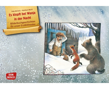 Illustration einer verschneiten Hütte mit Wanja, einem Fuchs, einem Hasen und einem Bären