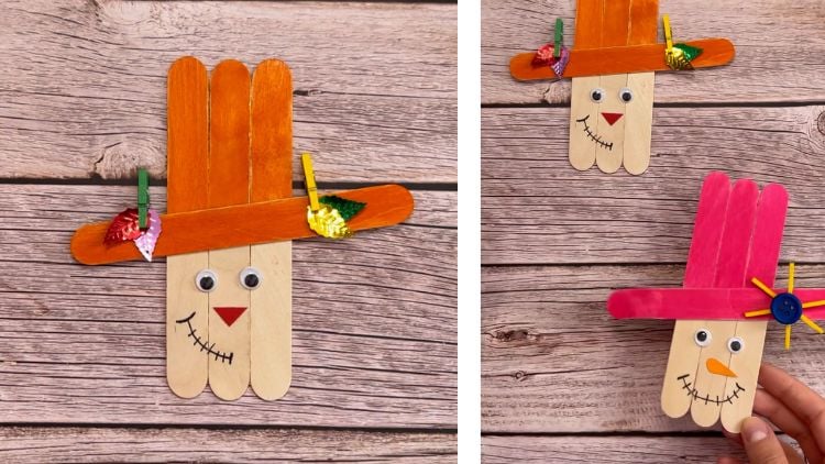 Mit nur vier Holzstäbchen und Heisskleber werden ganz einfache Vogelscheuchen für den Herbst gebaut.
