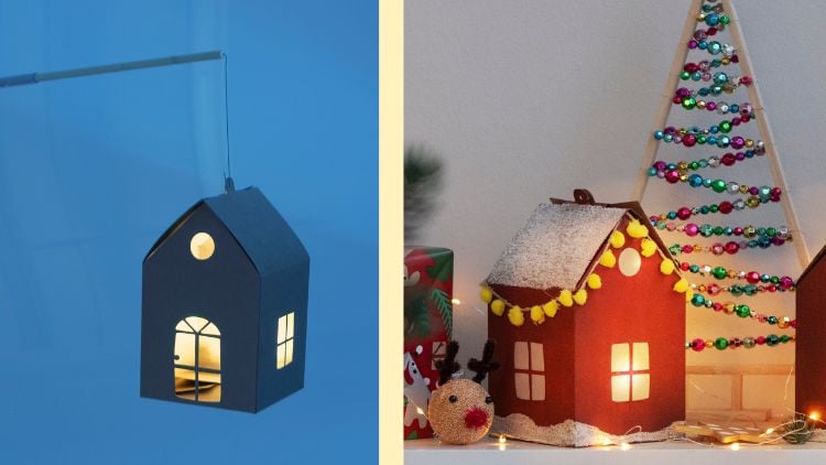 Auch ein kleines Haus aus Pappe, das eigentlich für die Weihnachtsdekoration vorgesehen ist, kann mit wenig Aufwand in eine Laterne verwandelt werden.