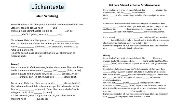 Lückentext Verkehrserziehung