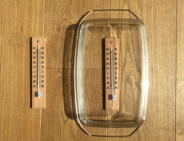 Thermometer in und neben Glasform