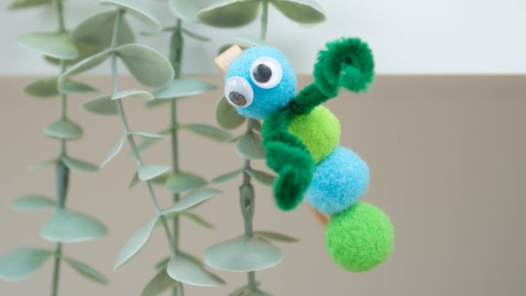Mit Pompons und einer Wäscheklammer eine süsse Raupe basteln.