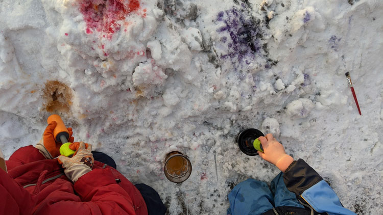 Kinder malen mit Farbe im Schnee