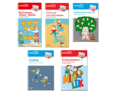miniLÜK Lern-Set, 1. Klasse die Cover der fünf Lernhefte des Pakets auf weissem Hintergrund