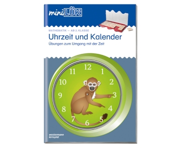 miniLÜK Uhrzeit und Kalender Eine analoge Uhr mit einem Affen als Cover des Produkts auf weissem Hintergrund