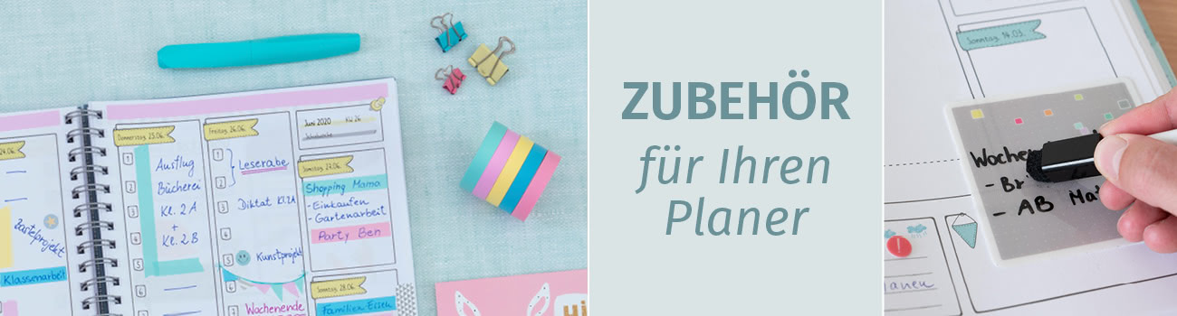 Lehrerkalender-Zubehör aufgeschlagener Lehrerkalender mit buntem Washi-Tape, Clips und weiterem Zubehör