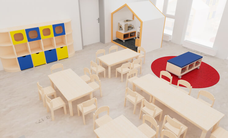 Gruppenraum im Kindergarten mit Gruppentischen und Spielbereichen